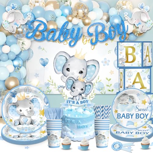 cocomigo 260PCS Elephant Baby Shower Decorations, All-in-1 Party Pack, Includes 20 Elephant Theme Tableware, Backdrop Tablecloth Balloon Kit for Baby Shower Decorations Boy - Image 5