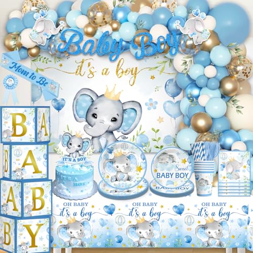 cocomigo 260PCS Elephant Baby Shower Decorations, All-in-1 Party Pack, Includes 20 Elephant Theme Tableware, Backdrop Tablecloth Balloon Kit for Baby Shower Decorations Boy - Image 1