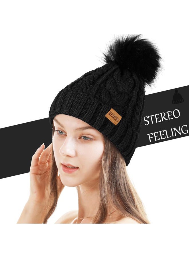 REDESS Women Winter Pompom Beanie Hat with Warm Fleece Lined, Thick Slouchy Snow Knit Skull Ski Cap, Khaki, One size - Image 2