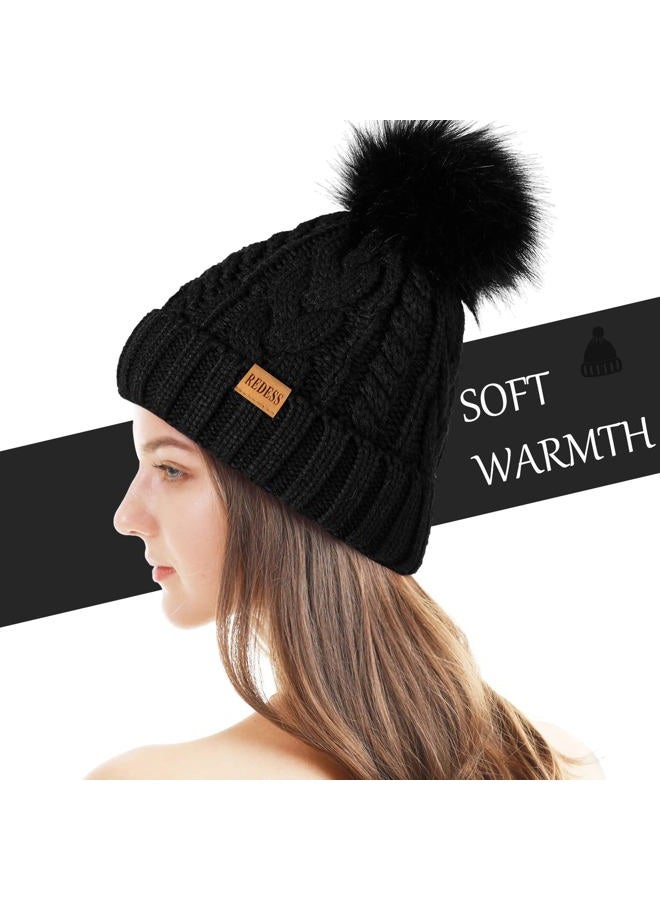 REDESS Women Winter Pompom Beanie Hat with Warm Fleece Lined, Thick Slouchy Snow Knit Skull Ski Cap, Khaki, One size - Image 3