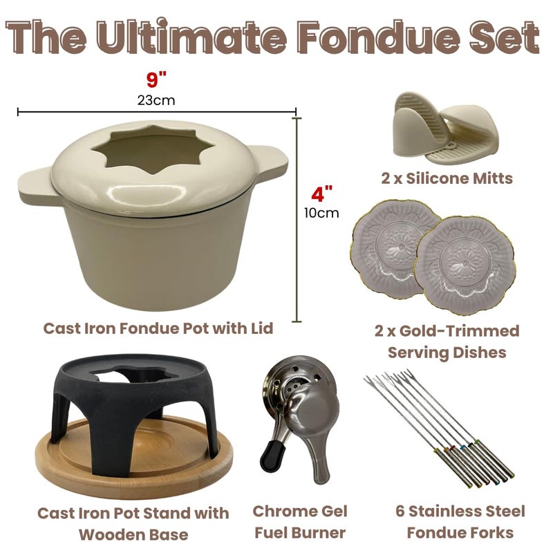 BASMOGHON Cast Iron Fondue Set 15-Pcs With Accessories Fondue Kit For Swiss Fondue Cheese Meat Oil Fondue Pot Fondue Pot set, Cheese Fondue Set, Chocolate Fondue Pot, Cheese Melting Pot, Fondue Pot Non Electric - Image 2