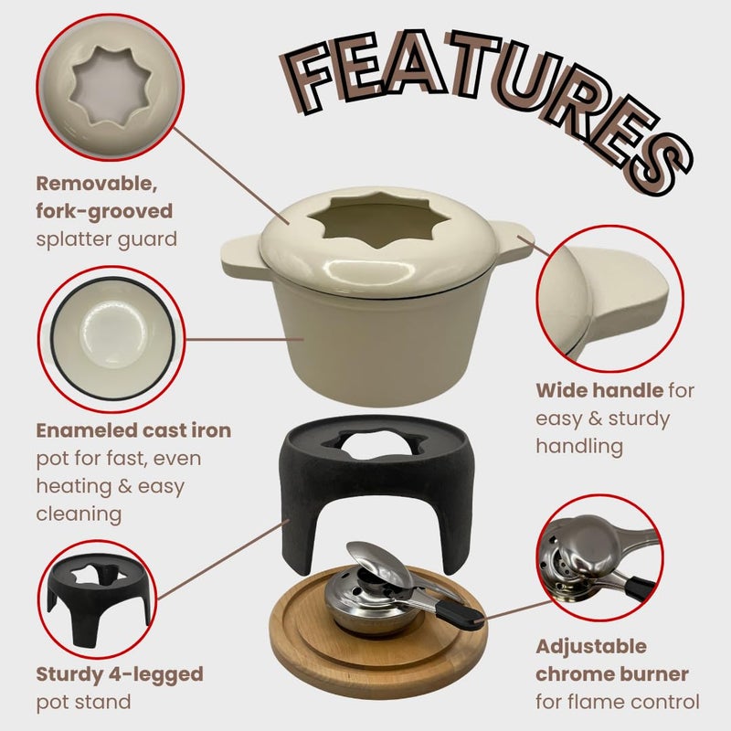 BASMOGHON Cast Iron Fondue Set 15-Pcs With Accessories Fondue Kit For Swiss Fondue Cheese Meat Oil Fondue Pot Fondue Pot set, Cheese Fondue Set, Chocolate Fondue Pot, Cheese Melting Pot, Fondue Pot Non Electric - Image 3