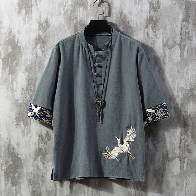 Linen Short-Sleeved T-Shirt Men'S Embroidered Summer Thin Loose Plus Size Tang Clothes Chinese Style Men'S Cotton And Linen T-Shirt - Image 2
