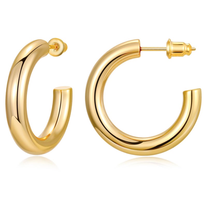 Gacimy Chunky Hoop Earrings for Women 14K Gold Plated, 925 Sterling Silver Post Hoops for Women, 30mm Yellow Color Medium Earrings - Image 1