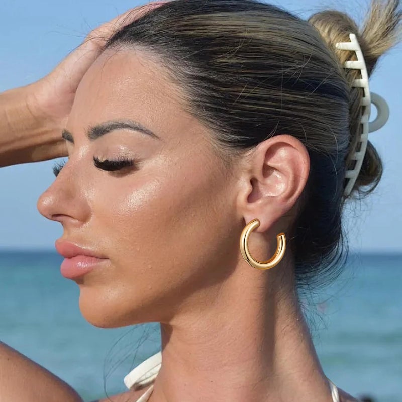 Gacimy Chunky Hoop Earrings for Women 14K Gold Plated, 925 Sterling Silver Post Hoops for Women, 30mm Yellow Color Medium Earrings - Image 4