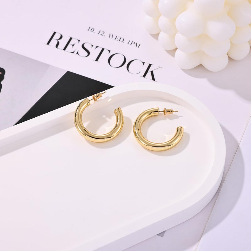 Gacimy Chunky Hoop Earrings for Women 14K Gold Plated, 925 Sterling Silver Post Hoops for Women, 30mm Yellow Color Medium Earrings - Image 5