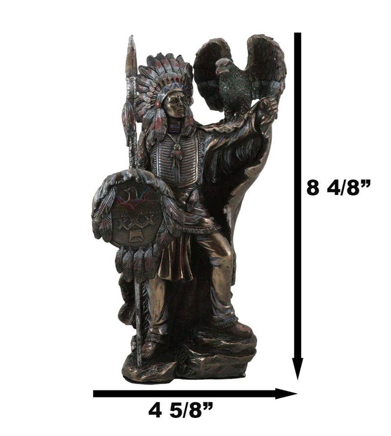Ebros Gift Ebros Native American Indian Tribal Chief Warrior with Roach Headdress Spear Shield and Bald Eagle Scout Bird Statue 8.5" Tall Indians Figurines and Statues Cultural Heritage Home Decor Eagles Totem - Image 2