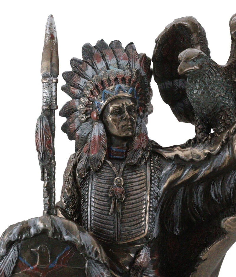 Ebros Gift Ebros Native American Indian Tribal Chief Warrior with Roach Headdress Spear Shield and Bald Eagle Scout Bird Statue 8.5" Tall Indians Figurines and Statues Cultural Heritage Home Decor Eagles Totem - Image 3