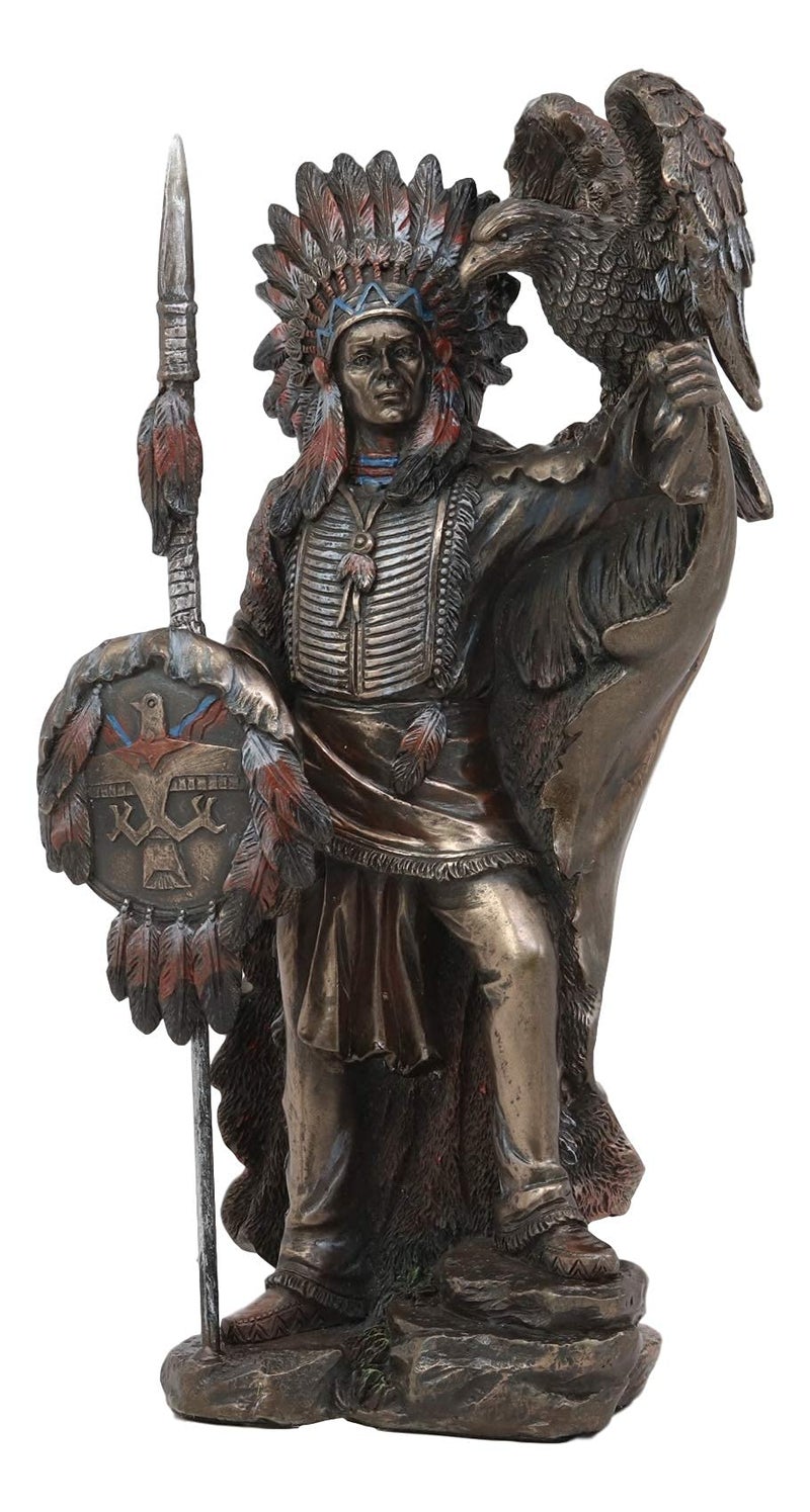 Ebros Gift Ebros Native American Indian Tribal Chief Warrior with Roach Headdress Spear Shield and Bald Eagle Scout Bird Statue 8.5" Tall Indians Figurines and Statues Cultural Heritage Home Decor Eagles Totem - Image 1