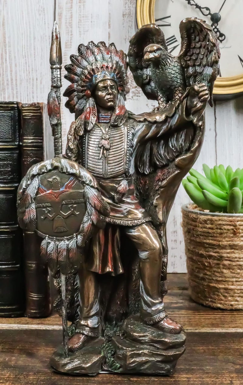 Ebros Gift Ebros Native American Indian Tribal Chief Warrior with Roach Headdress Spear Shield and Bald Eagle Scout Bird Statue 8.5" Tall Indians Figurines and Statues Cultural Heritage Home Decor Eagles Totem - Image 5