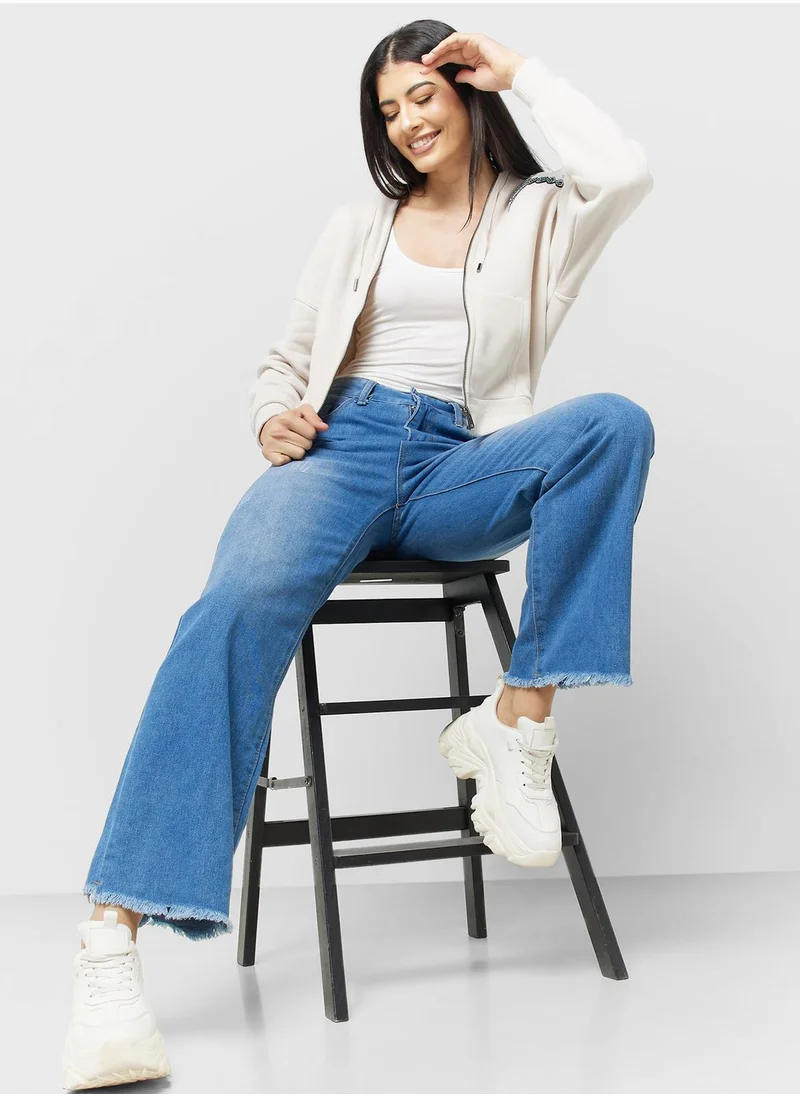جينجر Straight Fit Washed Denim with Raw Hem