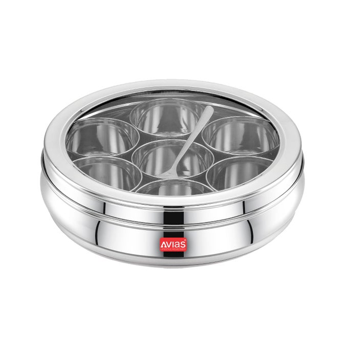 STAINLESS STEEL SPICE BOX/MASALA DABBA/SPICE BOX FOR KITCHEN/ANJARAI PETTI FOR KITCHEN/MASALA BOX (DELUXE GLASS LID - SMALL), 175 ML, SILVER