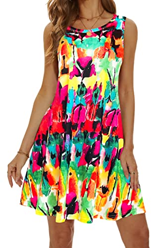 MOSKILL Summer Dresses for Women 2025 Casual Sundresses Beach Cover Ups Sleeveless Tshirt Swing Dress with Pockets M Rainbow - Image 4