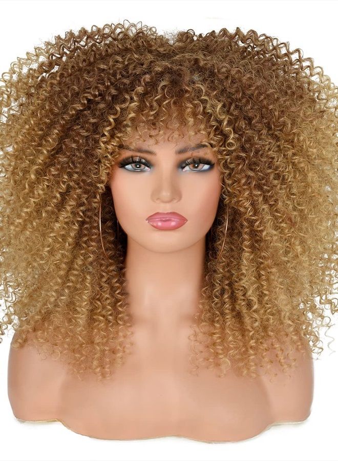 ANNISOUL 16Inch Curly Wigs for Black Women Ombre Blonde Afro Bomb Curly Wig with Bangs Synthetic Fiber Glueless Long Kinky Curly Hair - Image 1