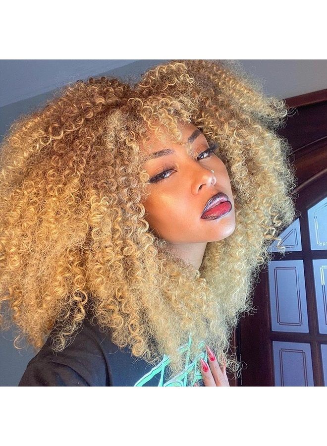 ANNISOUL 16Inch Curly Wigs for Black Women Ombre Blonde Afro Bomb Curly Wig with Bangs Synthetic Fiber Glueless Long Kinky Curly Hair - Image 2