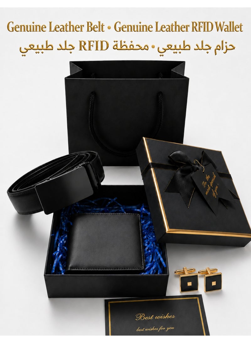 FIORICASA Men’s Cufflinks, Genuine Leather Belt and Wallet Gift Set with Luxury Gift Box and Greeting Card - Image 1