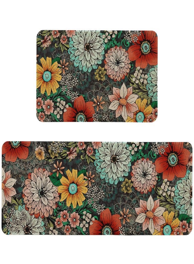 Kuyuayee Boho Floral Kitchen Mats Set of 2 Non Slip Farmhouse Boho Flowers Kitchen Rugs Bohemia Home Decor Low-Profile Washable Floor Mat 17x47 Inch and 17x29 Inch - Image 1