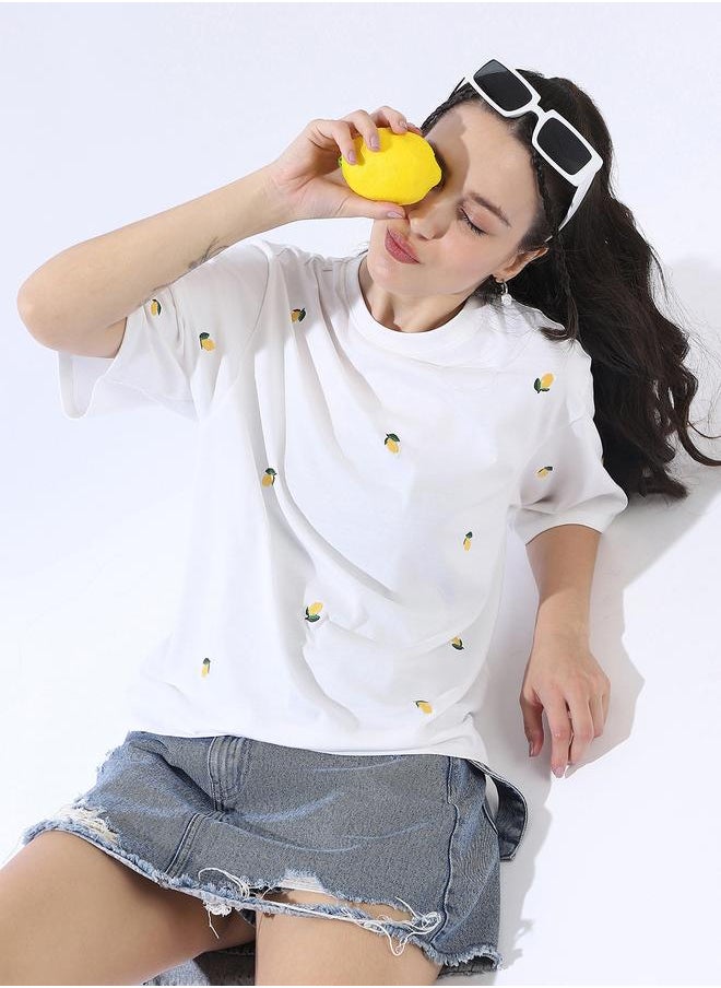 HIGH STAR Women's Off-White 100% Cotton Embroidered Oversized T-Shirt  - Image 1