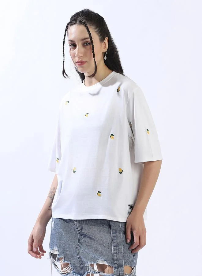 HIGH STAR Women's Off-White 100% Cotton Embroidered Oversized T-Shirt