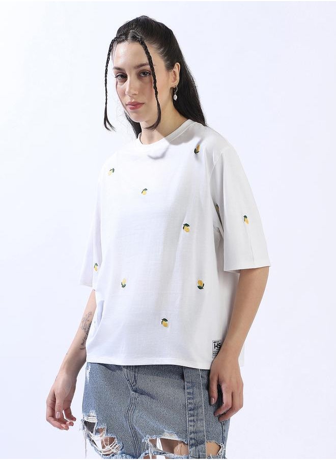 HIGH STAR Women's Off-White 100% Cotton Embroidered Oversized T-Shirt  - Image 3