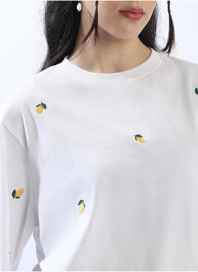 HIGH STAR Women's Off-White 100% Cotton Embroidered Oversized T-Shirt  - Image 4