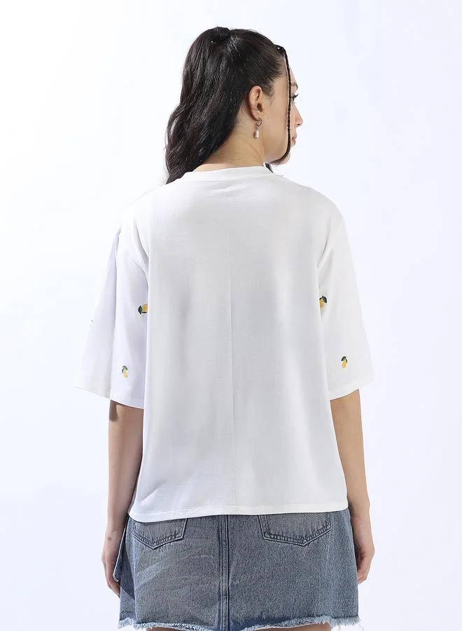 HIGH STAR Women's Off-White 100% Cotton Embroidered Oversized T-Shirt