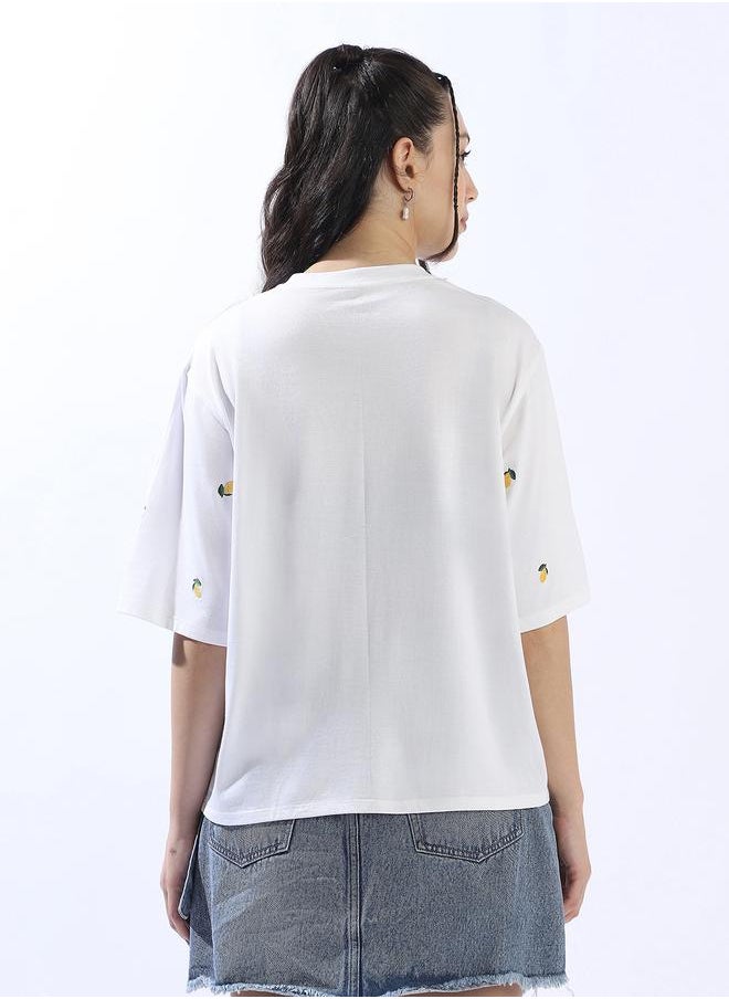 HIGH STAR Women's Off-White 100% Cotton Embroidered Oversized T-Shirt  - Image 5