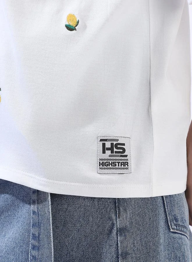 HIGH STAR Women's Off-White 100% Cotton Embroidered Oversized T-Shirt