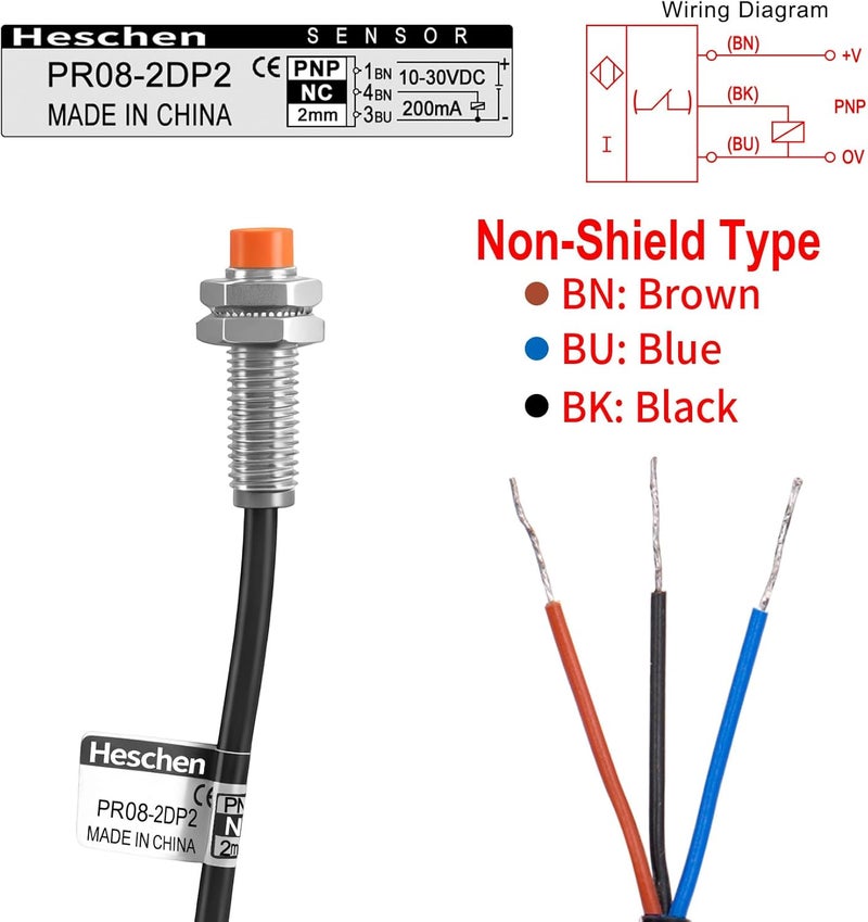 Heschen M8 Inductive Proximity Sensor Switch PR08-2DP2 Cylindrical Type Detector 2mm DC12-24V 3-Wire PNP NC(Normally Closed) CE - Image 3