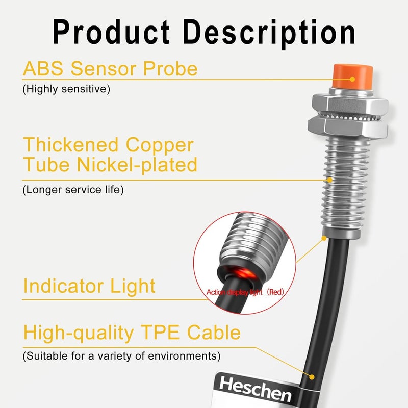 Heschen M8 Inductive Proximity Sensor Switch PR08-2DP2 Cylindrical Type Detector 2mm DC12-24V 3-Wire PNP NC(Normally Closed) CE - Image 4