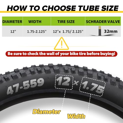 Hydencamm 2 Pack 12" / 12.5" Inch Bike Tube Fit 1.75/1.95/2.125 with 32mm Schrader Valve, 12.5 x 1.95 Bike Tube with 2PCS Levers, 12x2.125 Inner Tube Compatible with Kids Bikes, Strollers - Image 2