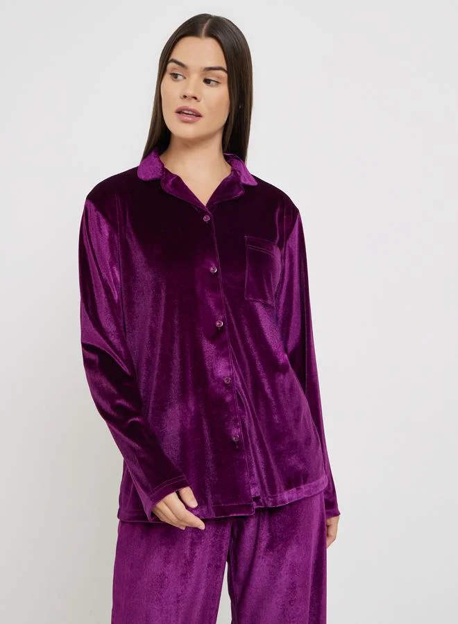 Styli Velvet Button Placket Shirt and Pyjama Set