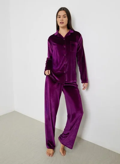 Styli Velvet Button Placket Shirt and Pyjama Set