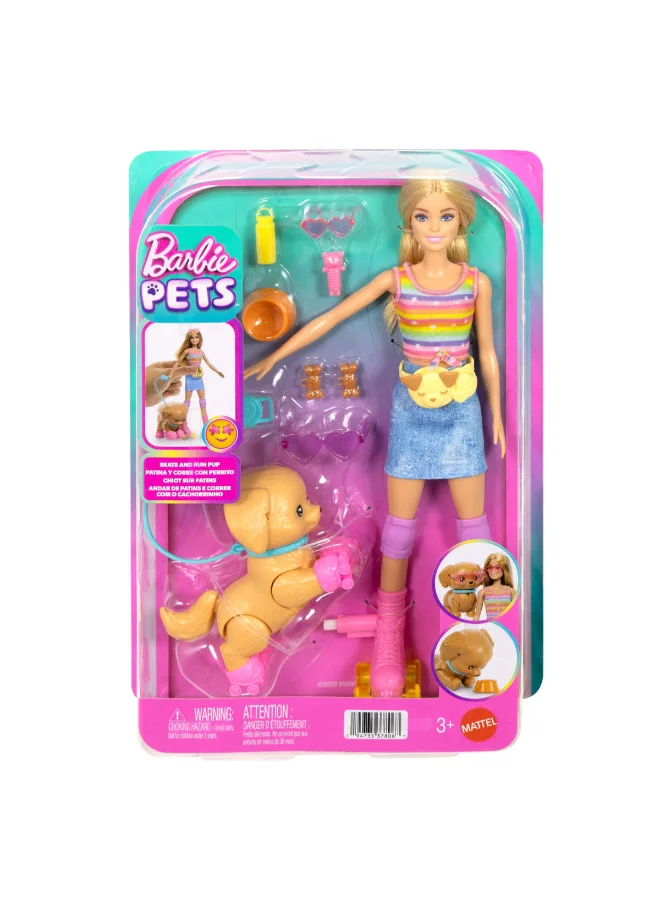Barbie ​Barbie Pets Skate and Run Pup Blonde Doll with Skating Puppy, Leash, Matching Skates, Sunglasses, and Pet Accessories