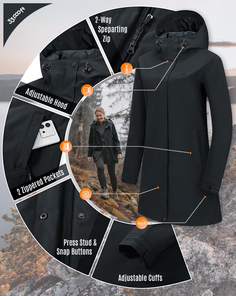 33,000ft Women's Waterproof Long Rain Coats with Mesh-Lind Breathable Rain Jacket with Hood Trench Coats Windbreaker - Image 2