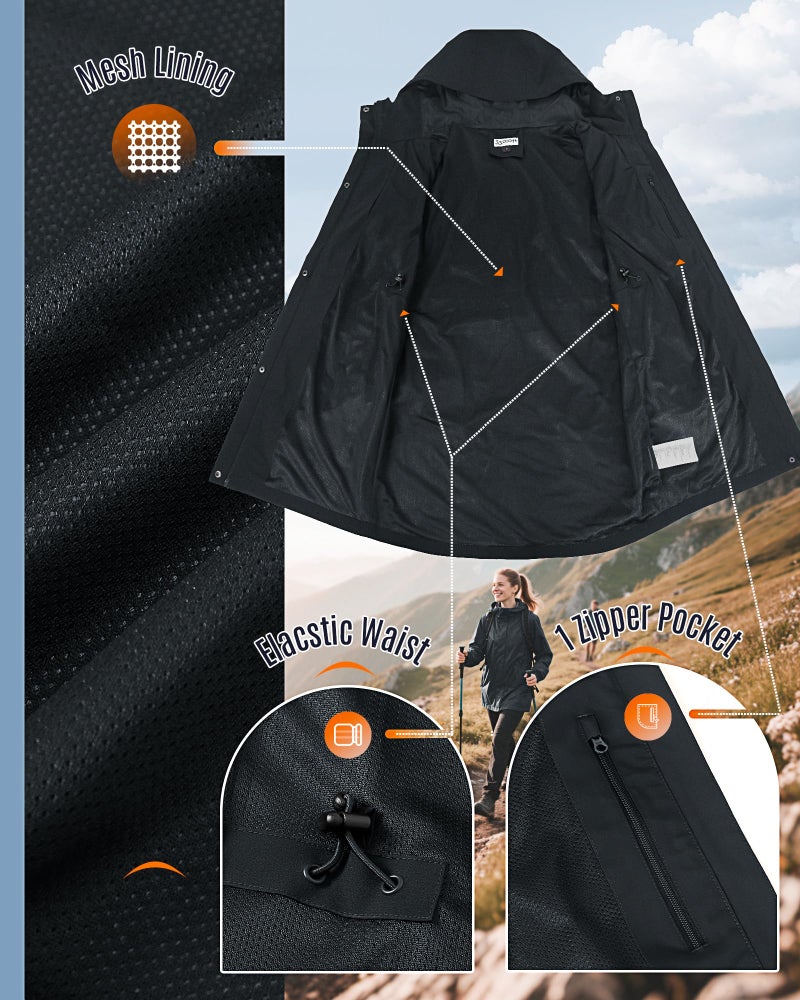 33,000ft Women's Waterproof Long Rain Coats with Mesh-Lind Breathable Rain Jacket with Hood Trench Coats Windbreaker - Image 5