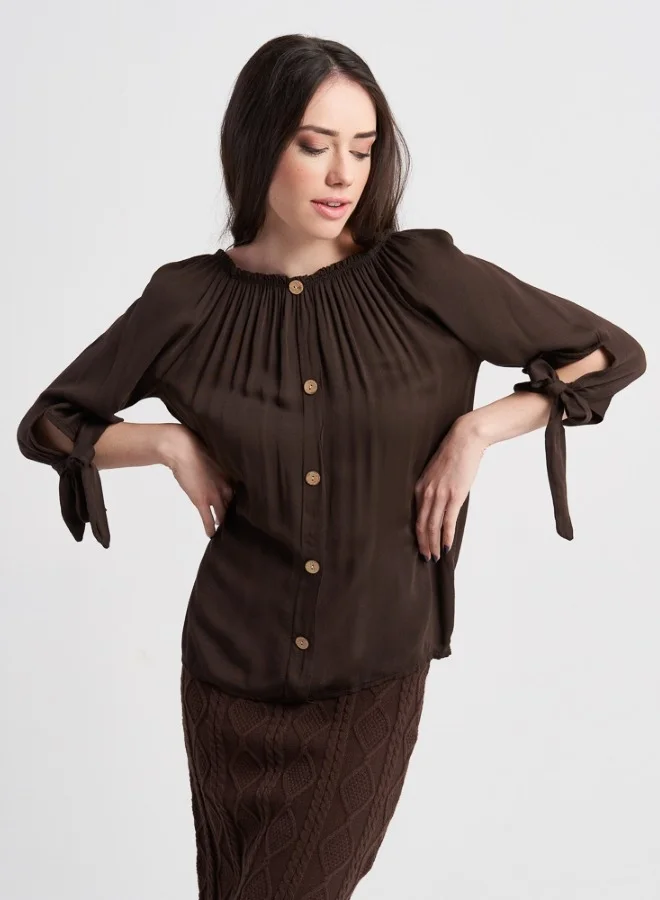 HaILYS Chocolate Brown Buttoned Top