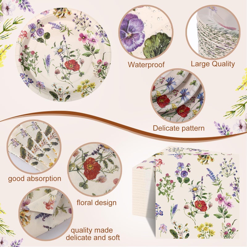 Ziliny 250 Pcs Wildflower Party Decorations Include Spring Summer Floral Paper Plates Napkins and Cups for Wildflower Baby Shower Tea Decorations, Serve 50 Guest(Multicolor,Rustic Style) - Image 3