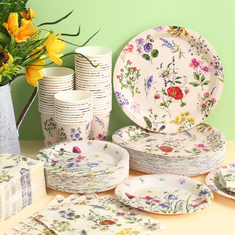 Ziliny 250 Pcs Wildflower Party Decorations Include Spring Summer Floral Paper Plates Napkins and Cups for Wildflower Baby Shower Tea Decorations, Serve 50 Guest(Multicolor,Rustic Style) - Image 4