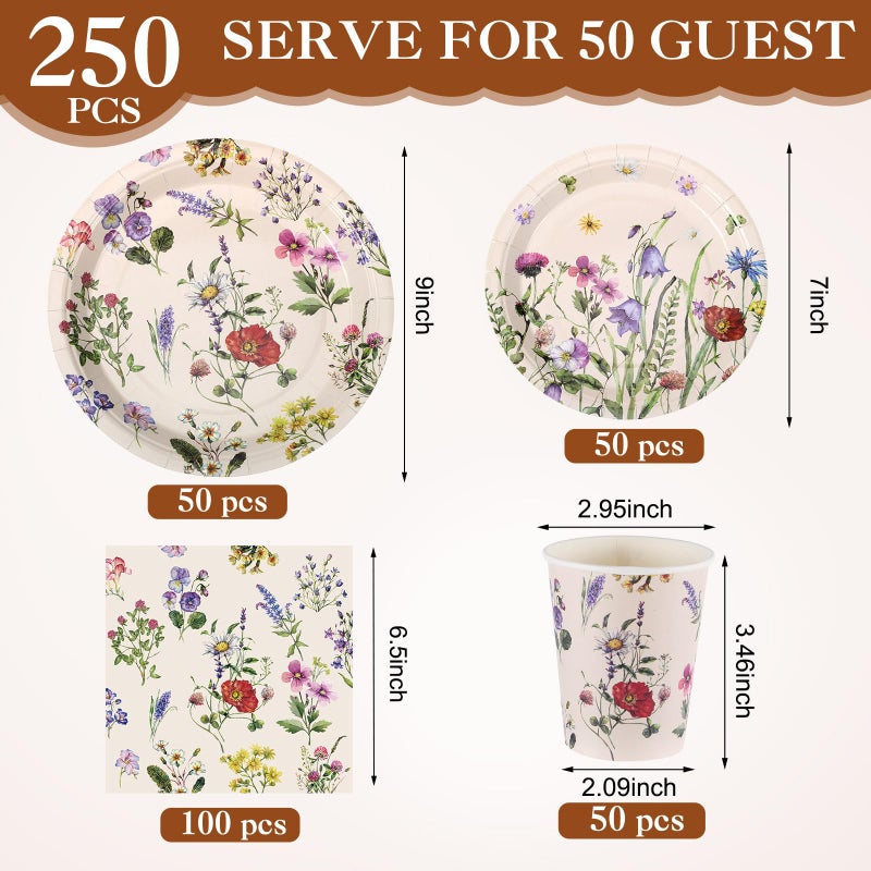 Ziliny 250 Pcs Wildflower Party Decorations Include Spring Summer Floral Paper Plates Napkins and Cups for Wildflower Baby Shower Tea Decorations, Serve 50 Guest(Multicolor,Rustic Style) - Image 2