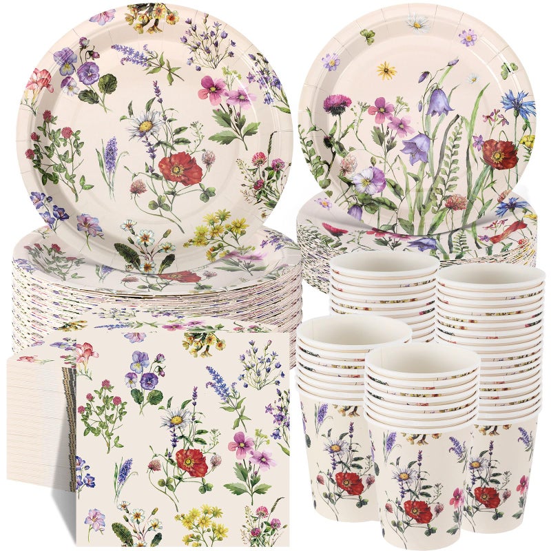 Ziliny 250 Pcs Wildflower Party Decorations Include Spring Summer Floral Paper Plates Napkins and Cups for Wildflower Baby Shower Tea Decorations, Serve 50 Guest(Multicolor,Rustic Style) - Image 1