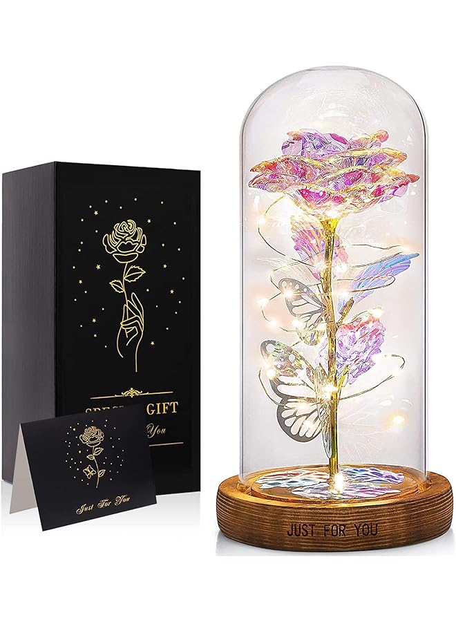DHB tech Colorful Artificial Flower Rose Gift Rose Flower Butterfly In Glass Dome Led Light Forever Rose Birthday Gifts For Women Mom Grandma Wife Unique Gifts For Mother'S Day Colored Warm Lights - Image 1