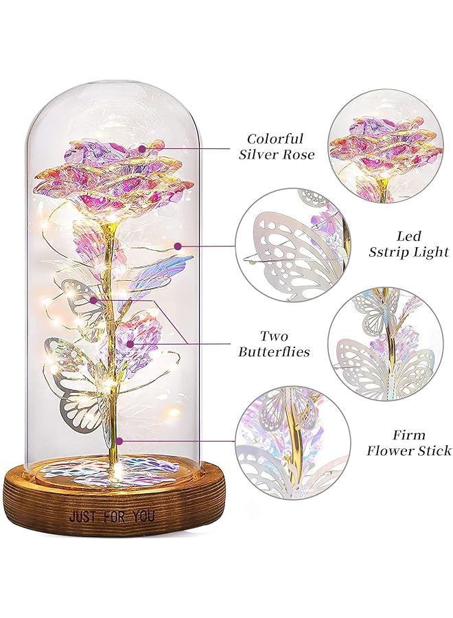 DHB tech Colorful Artificial Flower Rose Gift Rose Flower Butterfly In Glass Dome Led Light Forever Rose Birthday Gifts For Women Mom Grandma Wife Unique Gifts For Mother'S Day Colored Warm Lights - Image 3