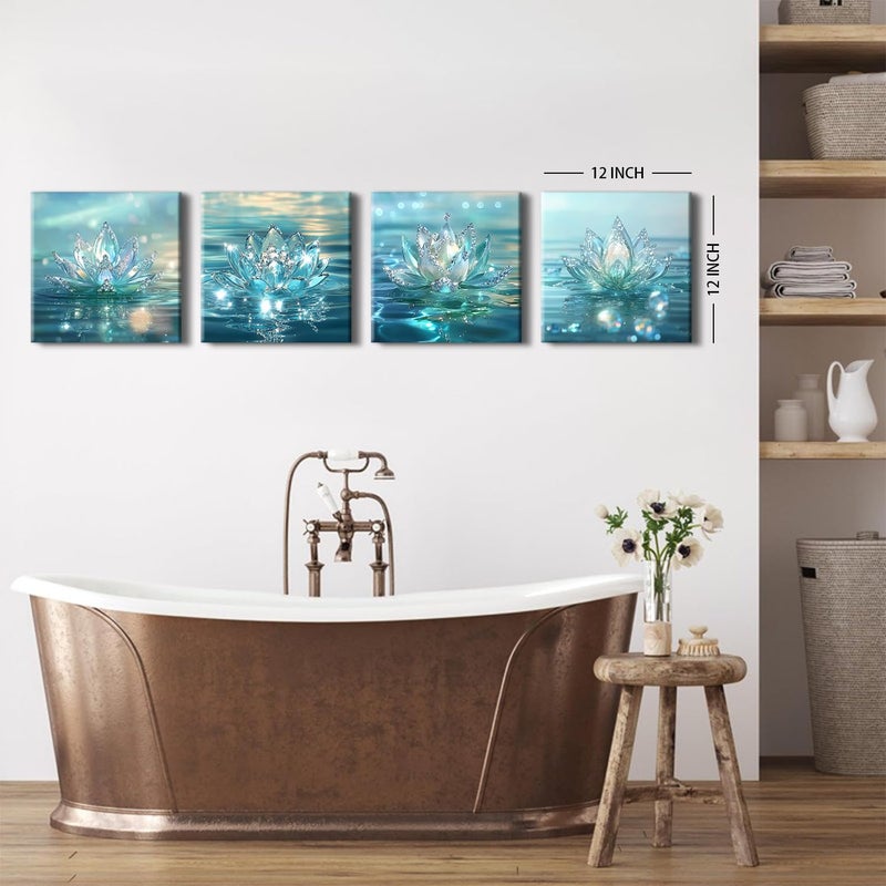 AREBOLO Lotus Flower Wall Art Teal Wall Decor Zen Bathroom Picture for Walls Canvas Prints Paintings Spiritual Meditation Wall Decor Turquoise Water Flowers Poster Yoga Room Artwork Decorations 12x12" 4Pcs - Image 4