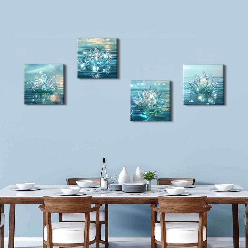 AREBOLO Lotus Flower Wall Art Teal Wall Decor Zen Bathroom Picture for Walls Canvas Prints Paintings Spiritual Meditation Wall Decor Turquoise Water Flowers Poster Yoga Room Artwork Decorations 12x12" 4Pcs - Image 3