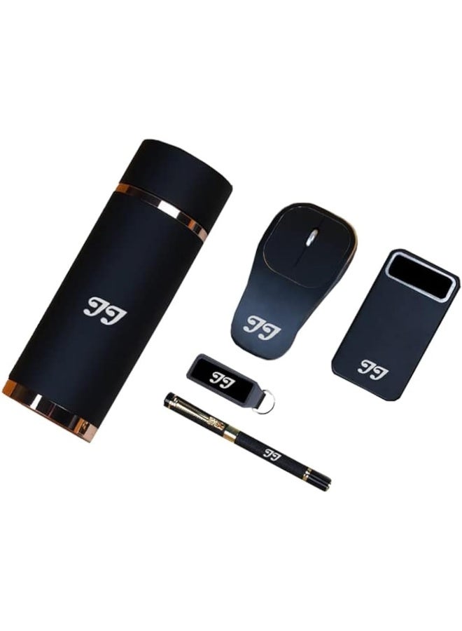 JJ PALACE Office Gift Box Set 5 Pieces For Men And Women, Smart Coffee Thermos Cup, Smart Computer Mouse, Lined And Cards Holder With Pen, USB, Power Bank Best Business Gift  - Image 1