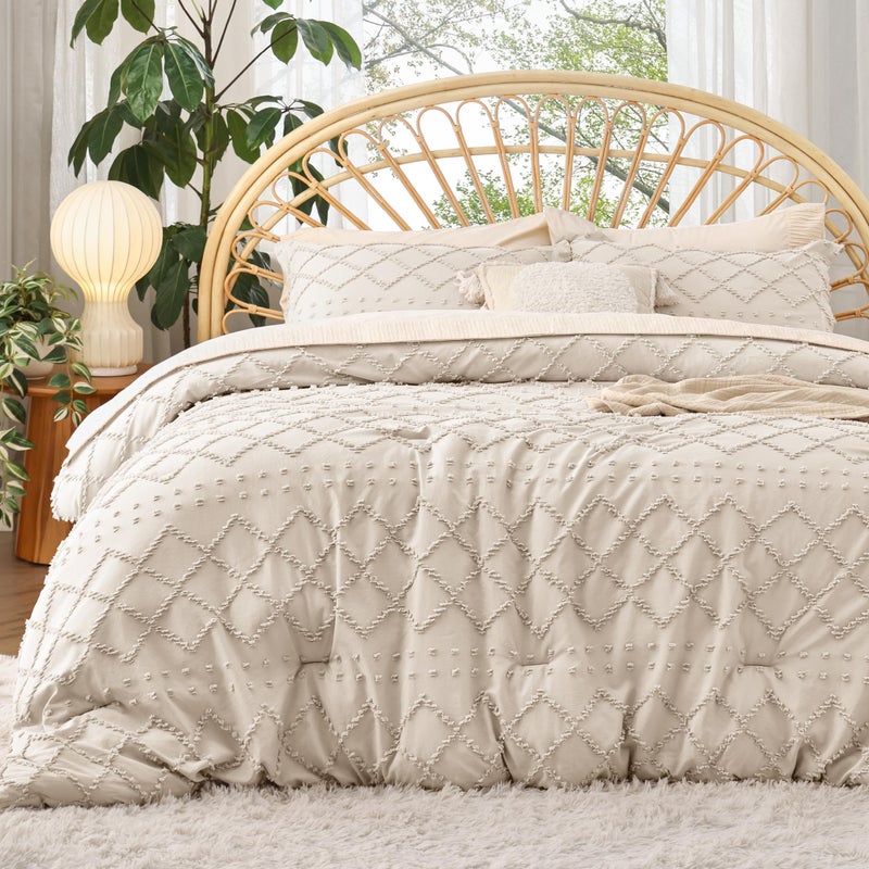 Bedsure Queen Comforter Set - Beige Comforter, Boho Tufted Shabby Chic Bedding for Kids, 3 Pieces Vintage Farmhouse Bed Set for All Seasons, Fluffy Soft Bedding with 2 Pillow Shams - Image 1