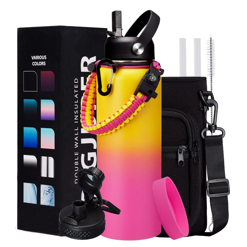 40OZ Insulated Stainless-Steel Water Bottle - Reusable Metal Water Bottles with Straw & Spout Lids  Paracord Handle & Bottle Carrier Pouch  Leakproof Workout Water Bottle Flask for Women Men