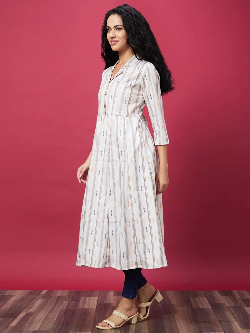 globus Women Off White Striped Pure Cotton A-Line Kurta