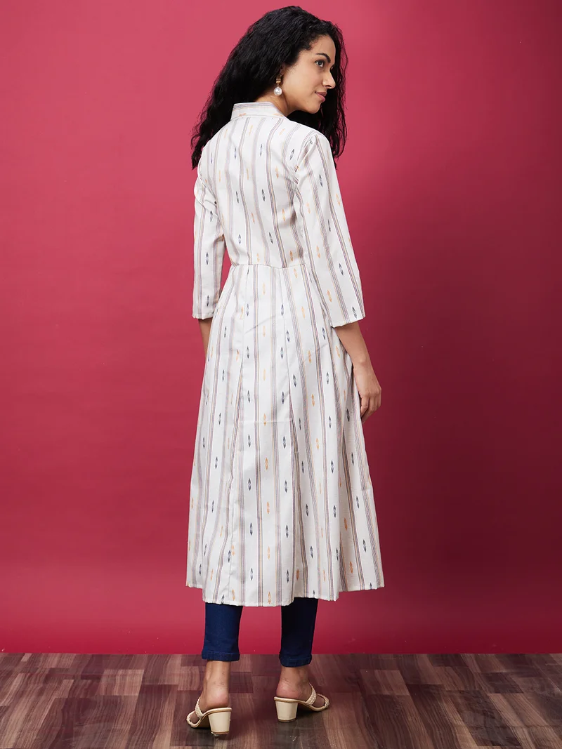 globus Women Off White Striped Pure Cotton A-Line Kurta